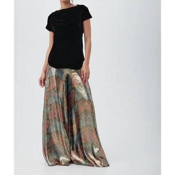Trina Turk Siya Metallic Silk Butterfly Patterned Wide Leg Pants 0 - Picture 5 of 11
